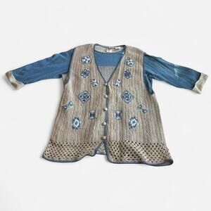 Graff Women Medium Crochet Cardigan Bohemian Geometric Color Block Beige Blue